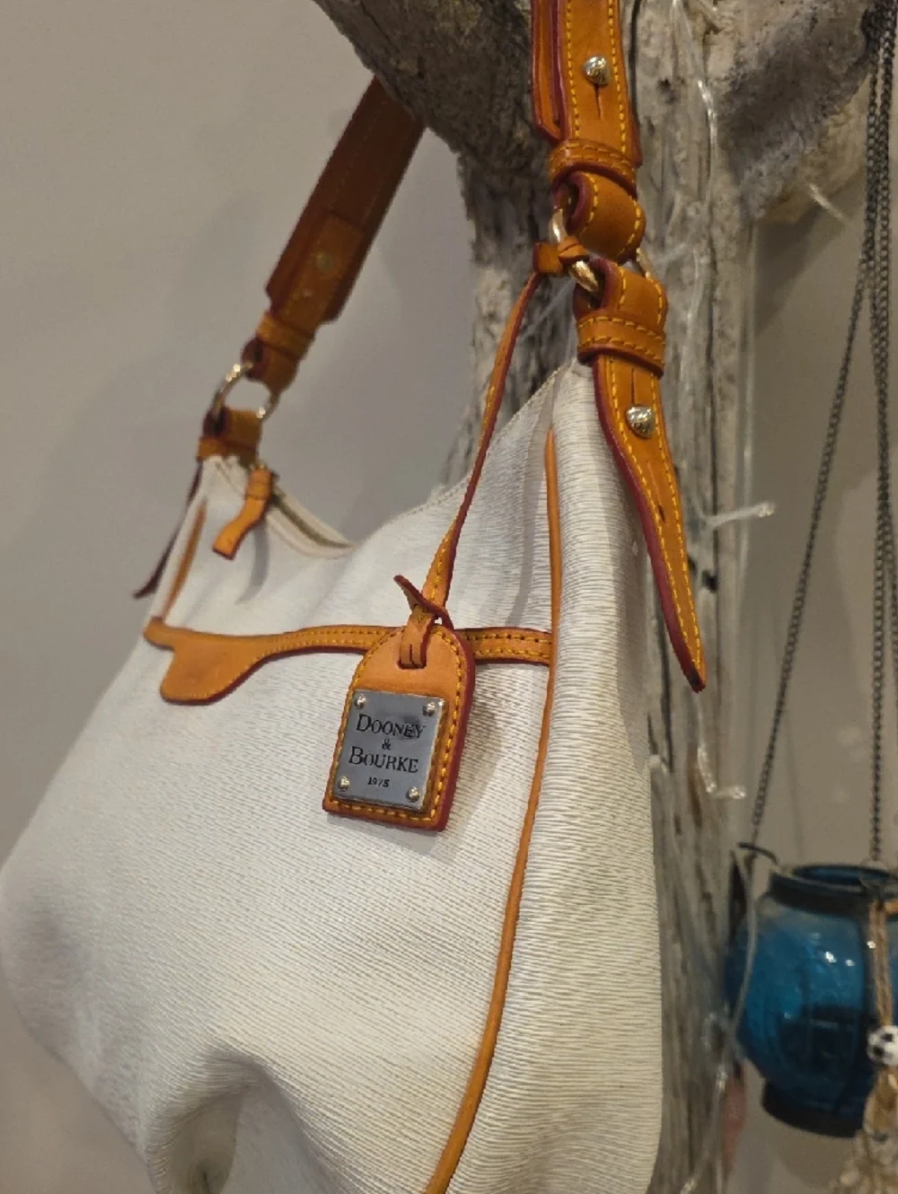 Dooney & Bourke Cream Shoulder Bag with Tan Trim and Brown Strap